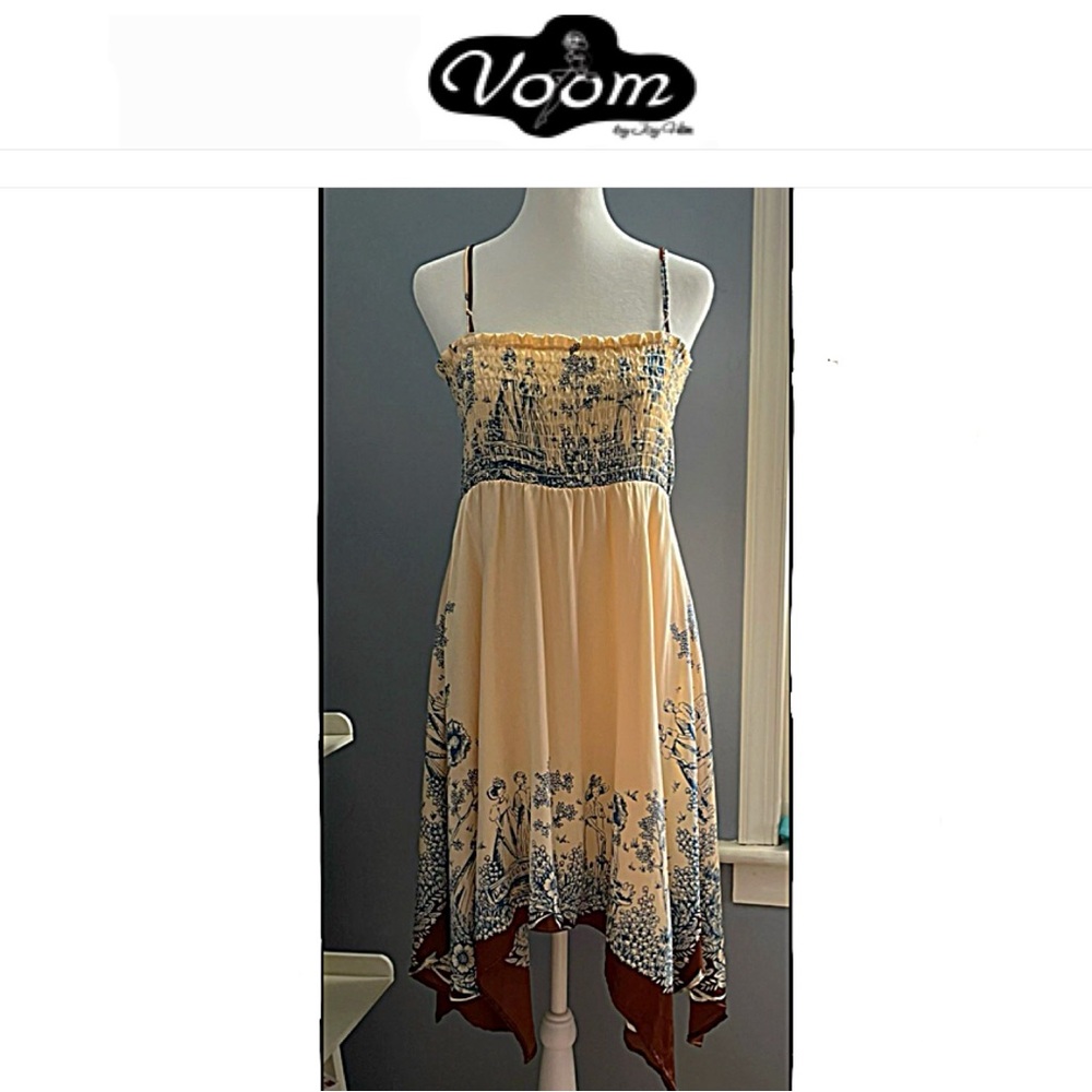 SILK SUNDRESS VOOM by JOY HAN women’s M antique lady print; smocked; FLATTERING!